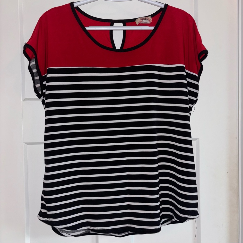 Red and Black Striped Women's Top